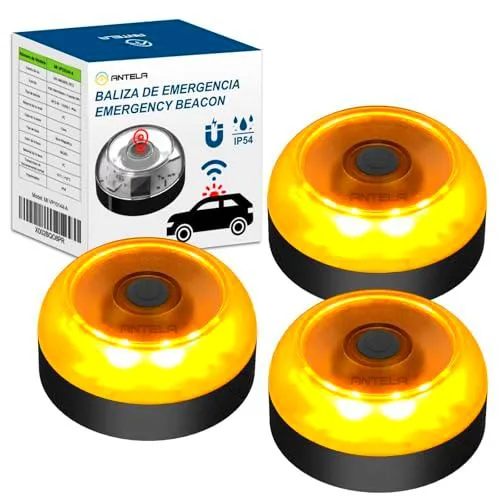ANTELA V16 Luz Emergencia Homologado DGT Baliza,con Geolococation 3.0 Luz de Emergencía,Tarjetas SIM gratuitas hasta 2038,Baliza V16 geolocalizada,Base Magnética, 3PC de ANTELA