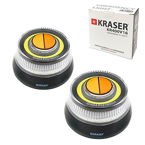 KRASER KR400V16P2 Pack 2 Luz Emergencia Coche Homologada DGT 2 en 1 con Linterna LED de Doble Intensidad y señal V16 de Gran Visibilidad