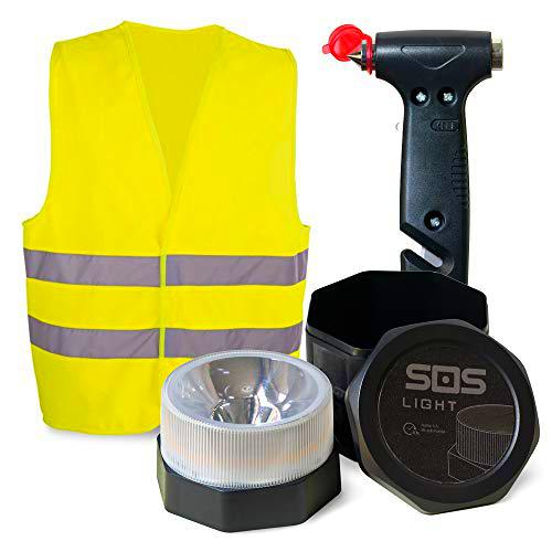 GEMCORE s.o.s. light baliza luminosa V16 + MARTILLO Emergencia: rompeventanas+cortador cinturón + regalo