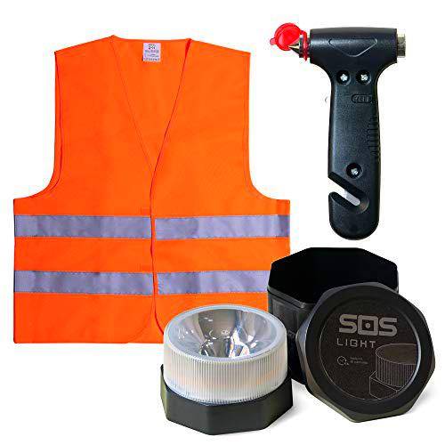 GEMCORE s.o.s. light baliza luminosa V16 + MARTILLO Emergencia: rompeventanas+cortador cinturón + regalo