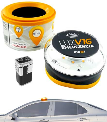 Luz Emergencia V16 Homologada DGT 3.0 Geolocalización IoT Pila 9V Conectada SIM Imantada Funda Protectora 360º Alta Visibilidad 1Km Baliza por Triángulo Señalización Coche Moto Carretera Seguridad