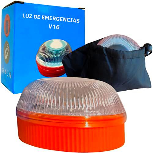 Baliza V16 | Luz de Emergencia para Señalizar Accidentes de Coche y Moto | Substituye Triangulo | Incluye Funda Negra | Sin GPS | Imanes Magnéticos | Funciona con 3 Pilas AAA | Alta Visibilidad