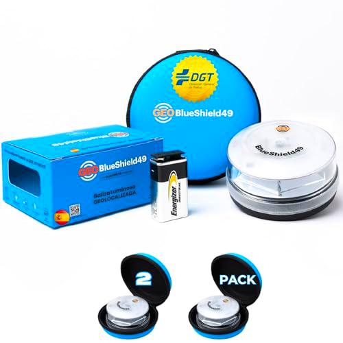 Garza GeoBlueShield49/Garza 2 Luces de Emergencia para Coches Homologada DGT v16 3.0 y Estuche I Batería Energizer 9V I Obligatoria en 2026 I Conectividad IoT hasta 2038 I En Colaboración, 2 Balizas