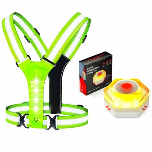 Kanohis Chaleco Reflectante LED de Seguridad + luz de Emergencia V16 para Coche Homologada DGT sustituto triangulos Seguridad