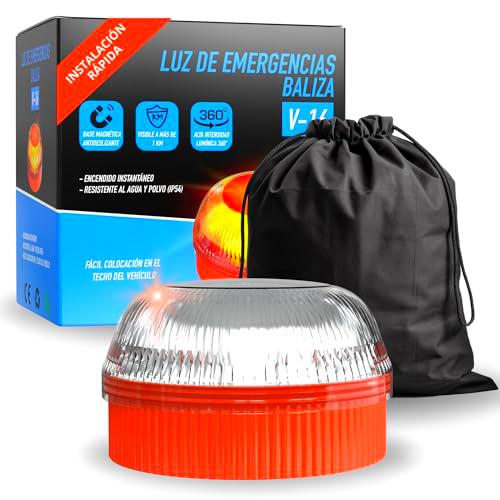 Baliza V16 | Luz de Emergencia para Señalizar Accidentes de Coche | Substituye Triangulo | Incluye Funda Negra | Sin GPS | Imanes Magnéticos | Funciona con 3 Pilas AAA | Alta Visibilidad (Pack de 2)