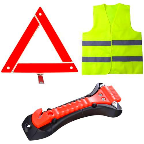 Ksvaye 3 en 1 Kit Emergencia Coche Plegables Triangulos Coche Homologados con Alta Visibilidad Chaleco Reflectante y Martillo de Seguridad