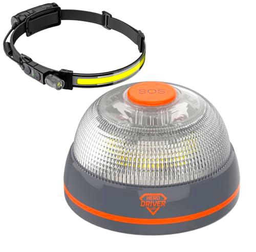 Hero Driver LED Pack Baliza V16 Conectada Certificada DGT + Lámpara Frontal LED Recargable USB-C
