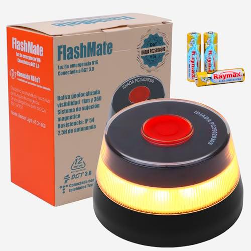 Azhien Luz Emergencia Coche Homologado DGT |Baliza V16 Homologada DGT con Geolocalización | Luz avería coche [Visibilidad 1 Km] Baliza V16 con GPS,1 Unidad（3 Pilas AA Incluidas）