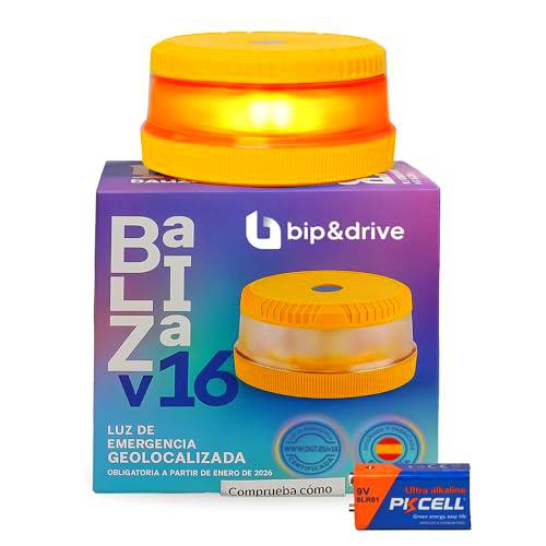 Baliza V16 Homologada DGT con Geolocalización | Luz de Emergencia Coche LED 360º 1km | Conectada Plataforma DGT 3.0 | Resistente a la Lluvia | con Indicador de Batería y Base Imantada | Bip&amp;Drive