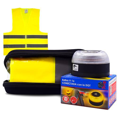 Kit Baliza V16 Geolocalizable Homologada por la DGT y Chaleco Reflectante para Coche Homologado